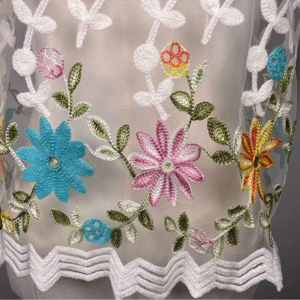 Embroidered Floral Top Size XL Sheer Tulle Background 
Boho Beach Party Garden - Picture 10 of 11